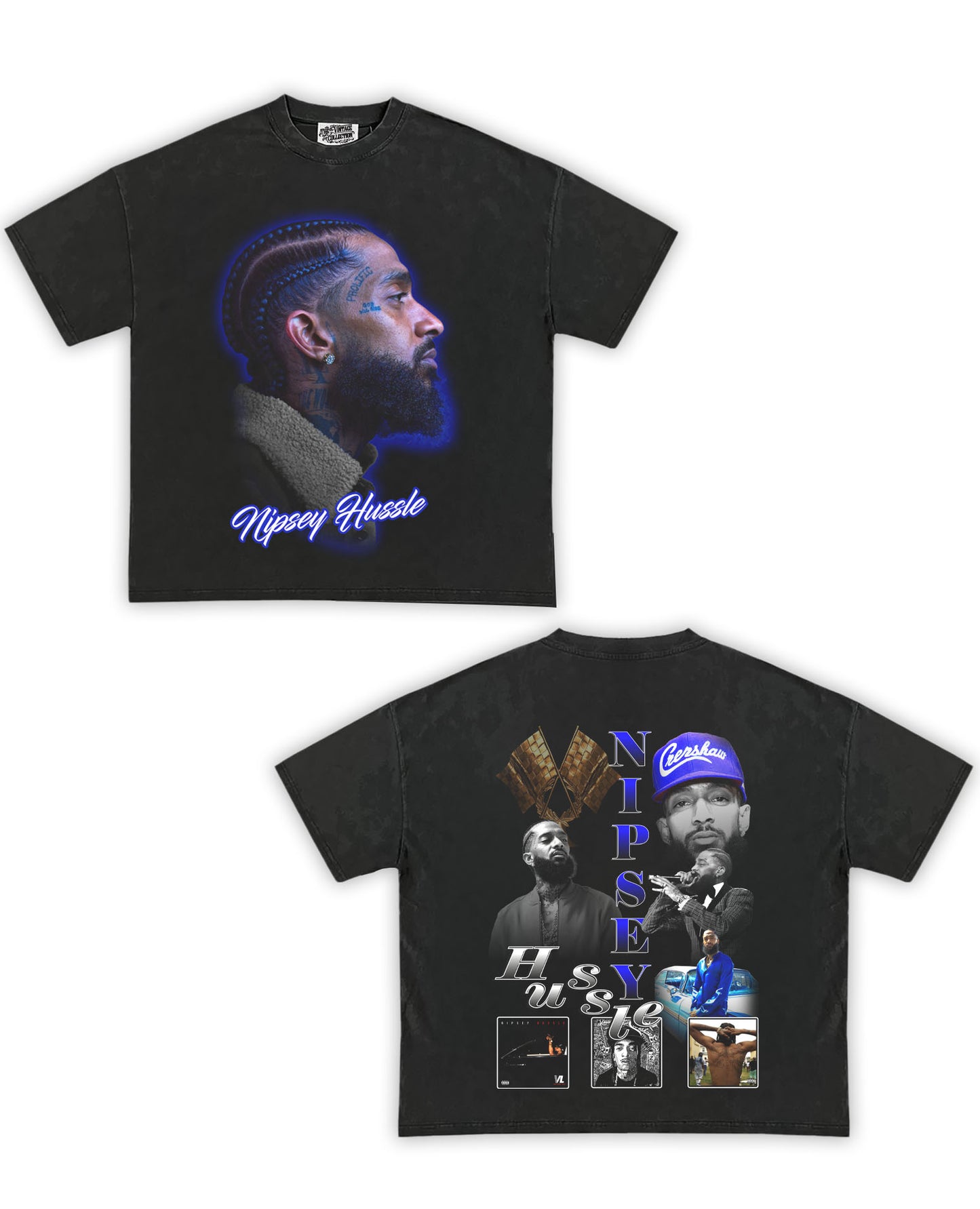 Nipsey Hussle Tribute Vintage Shirt: Front/Back (Vintage Black)