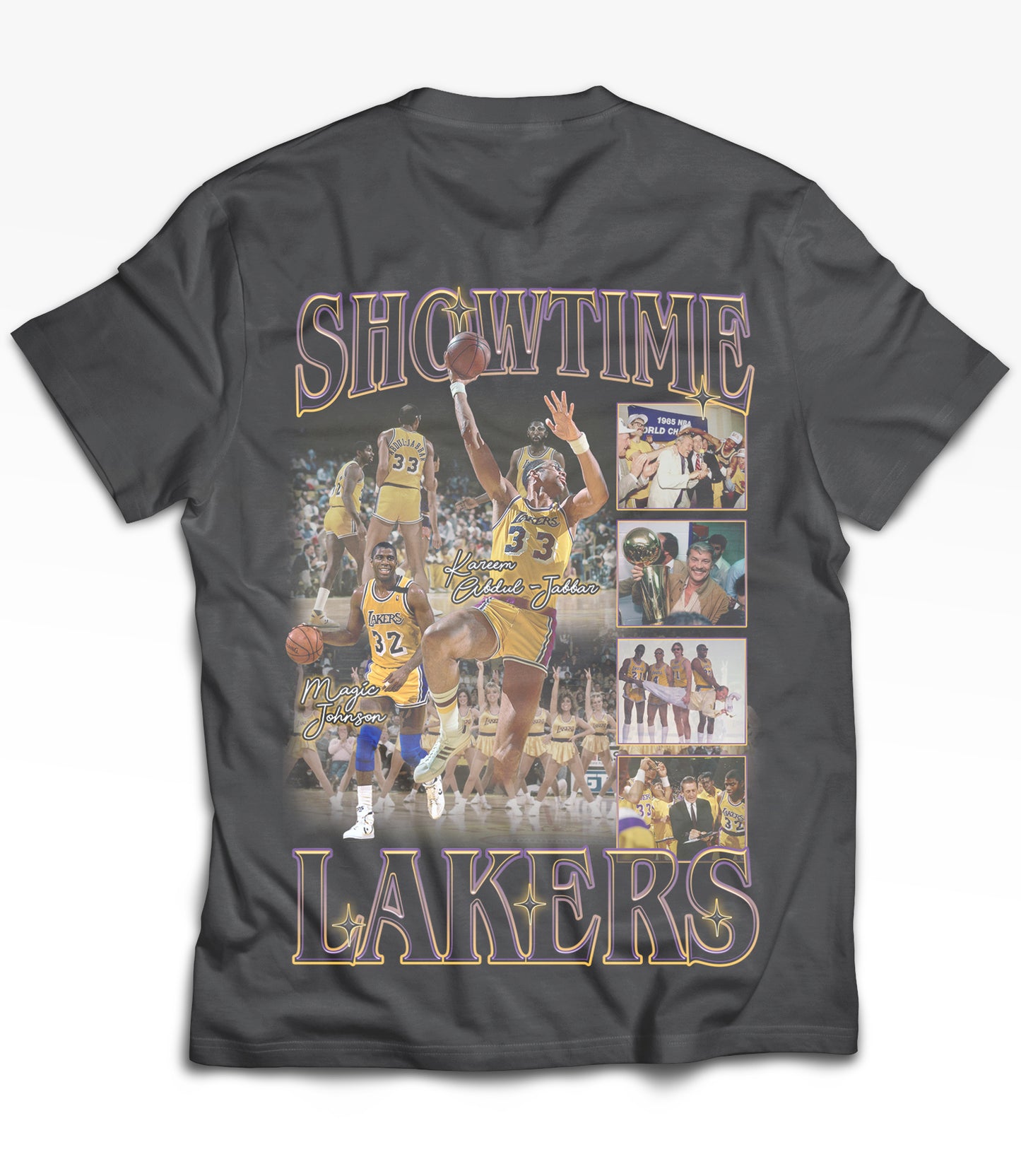 Showtime Lakers Tribute Vintage Shirt: Front/Back (Vintage Black)